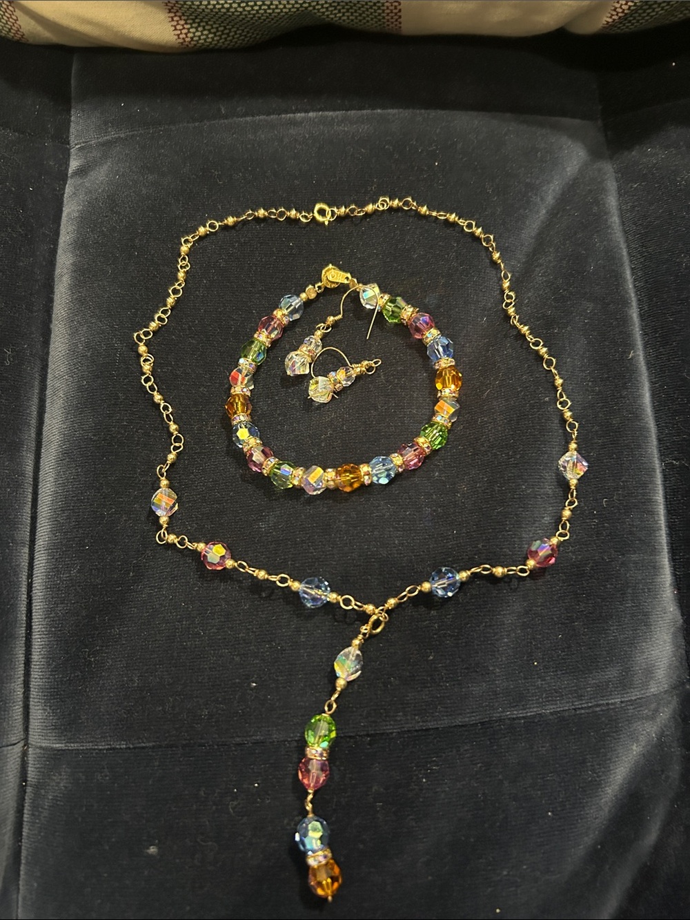 14KGF Multicolor Crystal Necklace, Bracelet & Earrings Set